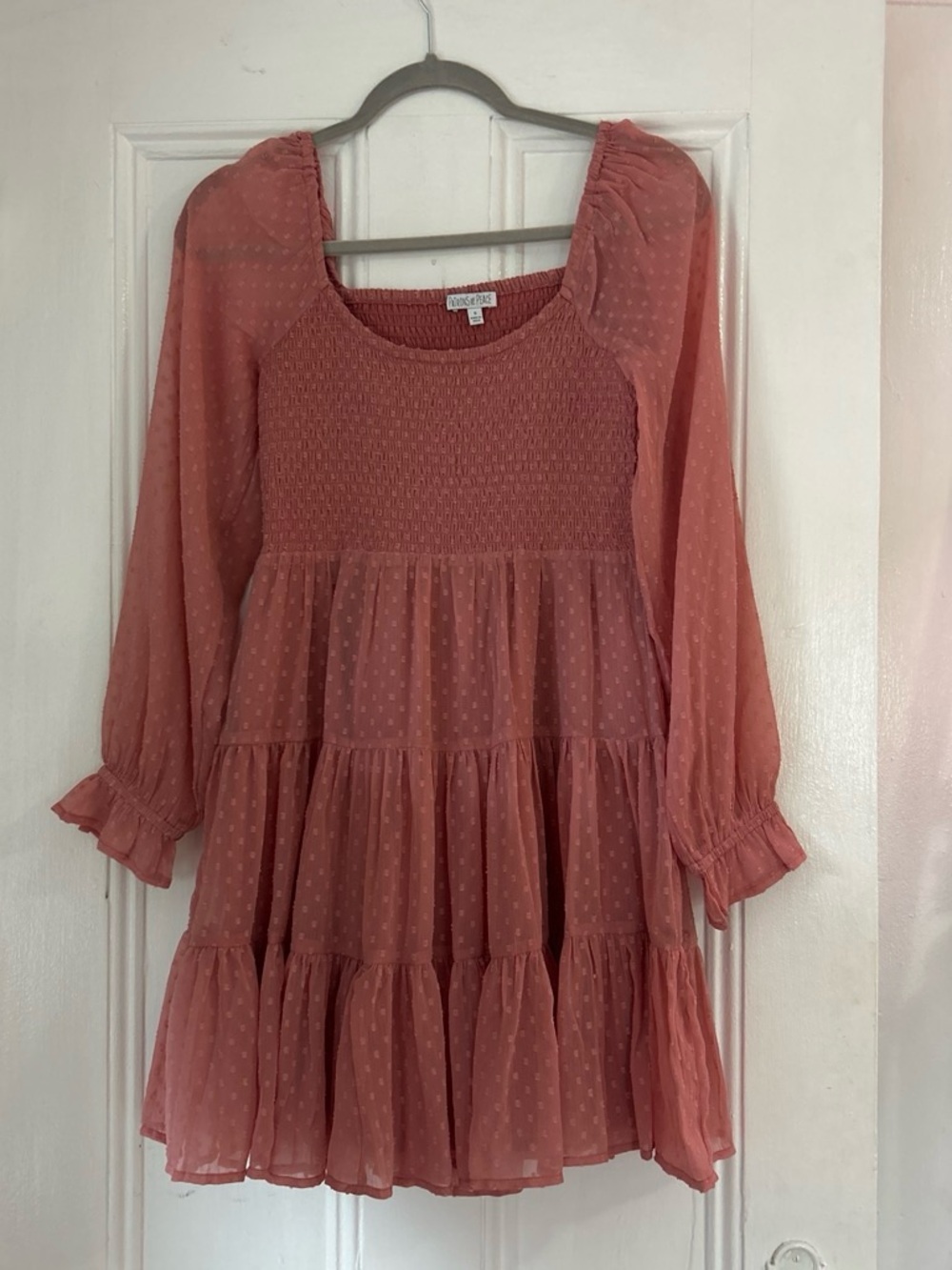 Patrons of Peace Dusty Rose Swiss Dot Tiered Long-Sleeve Dress